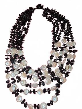 Coin Pearls Onyx Chip Stone Bead 6 Strand Necklace